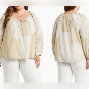 NWT Madewell Tan and Cream Button-Up Patchwork Peasant Blouse 2X Plus